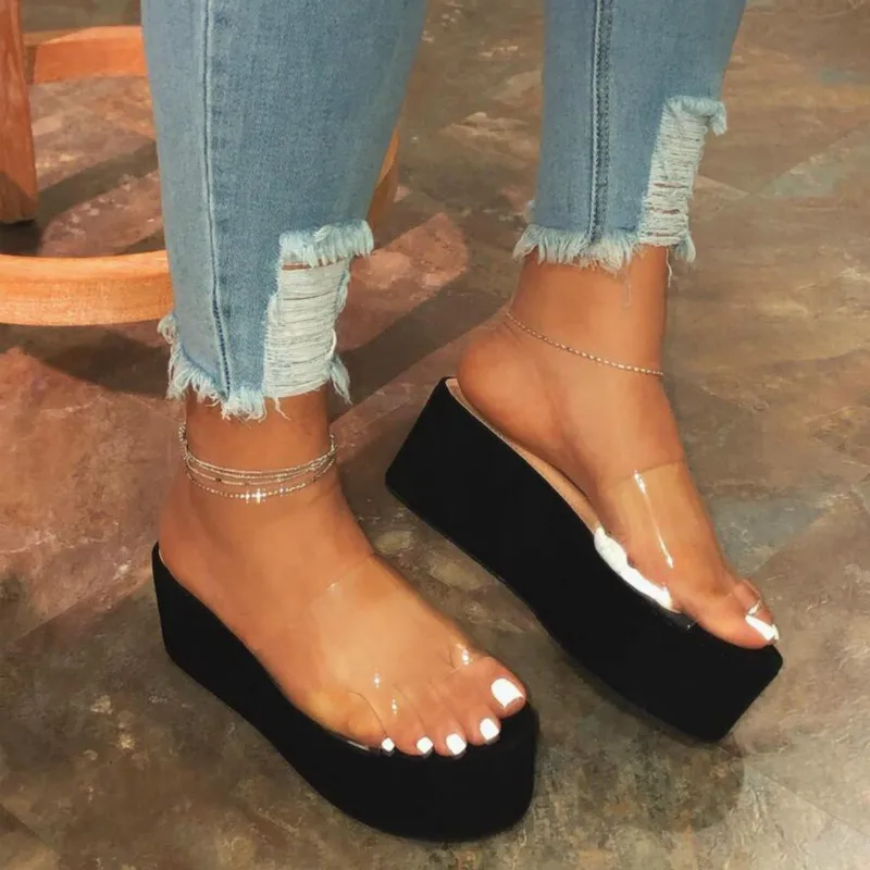 Женские шлепанцы на толстой подошве Летняя пляжная обувь Модные прозрачные