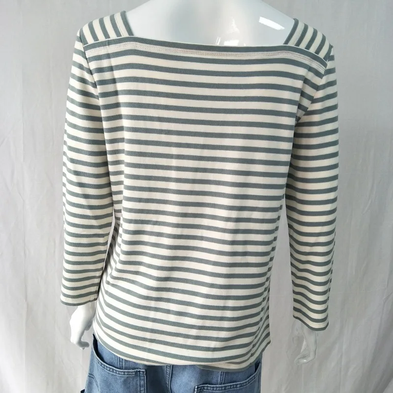 Женская футболка 2020 Весенняя новая серо-синяя полосатая с квадратным вырезом и