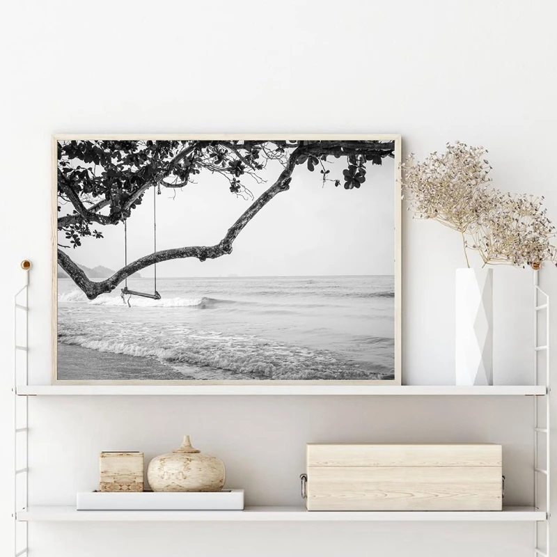 Пляжная качели черно-белая фотография постер Декор берега пляж море пейзаж