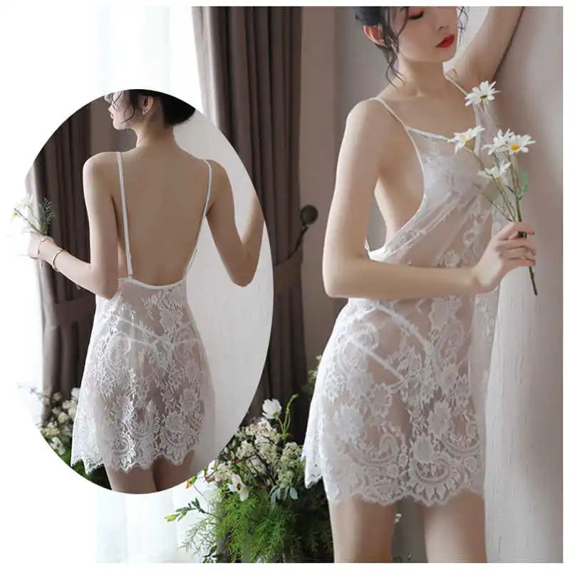 

New erotic adult transparent sexy lingerie temptation mesh hang skirt embroidered lace without back ladies sexy pajamas dress