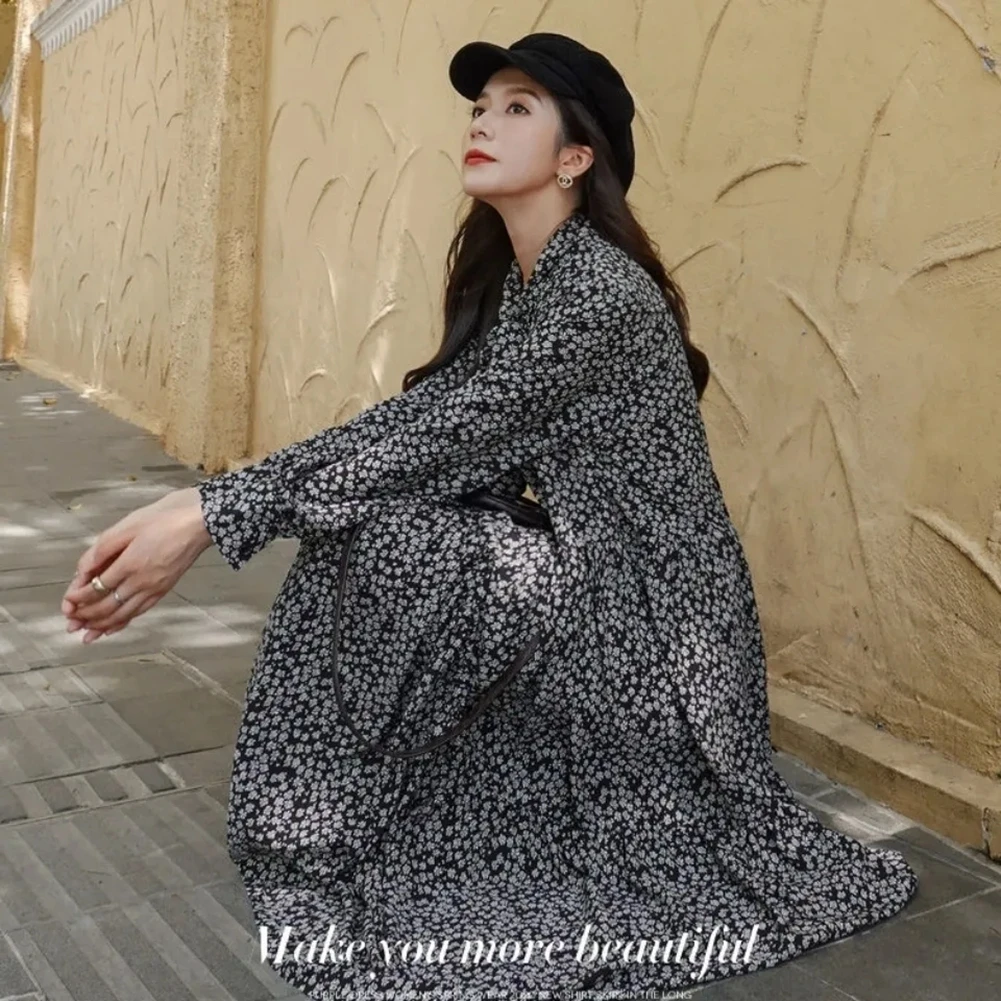 

French Retro Print Ankle-Length Gilr Basic Dress Plus Size Elagent Bow Long Sleeve Dresses For Women Vestidos 2021 New Fashion