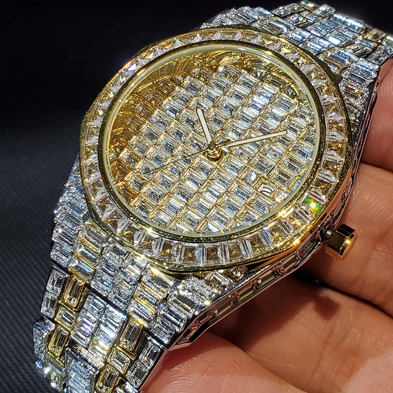 

Часы наручные мужские в стиле хип-хоп, деловые брендовые Роскошные Кварцевые с матовым золотым корпусом, с алмазным циферблатом, мужские юв...