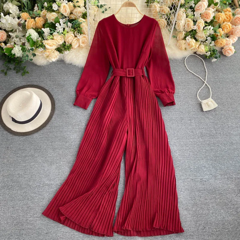 

Women Jumpsuits Autumn Chiffon Long Sleeves Romper Waistband V-neck Sashes Jumpsuits Urban Ladies Loose Leg Pants Overalls