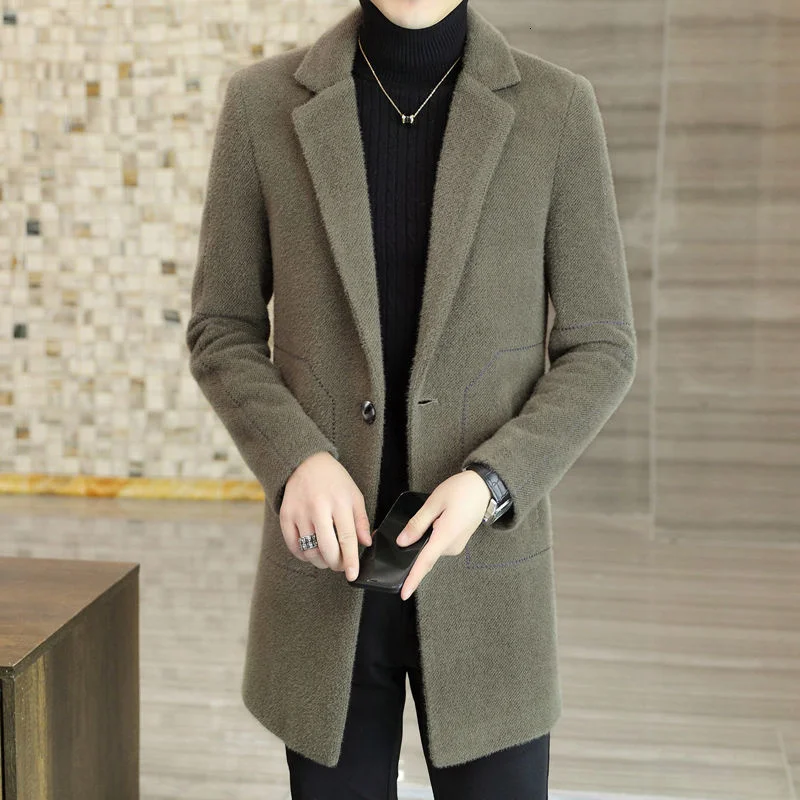 

Korean Winter Velvet Wool Blends Jacket Men Fashion Slim Long Casual Business Trench Windbreaker Social Streetwear Clothing