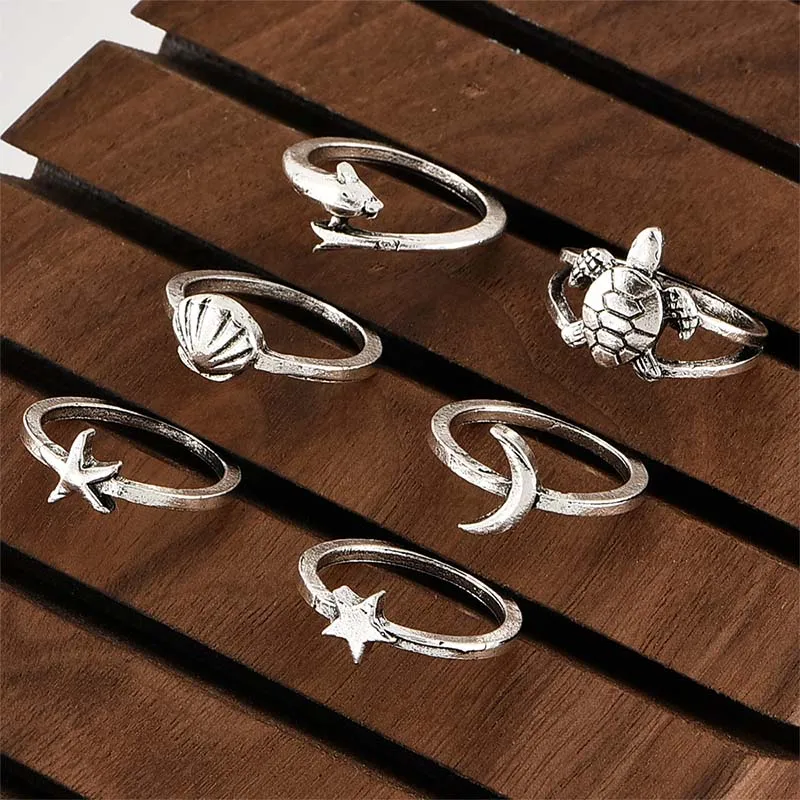 Женское Винтажное кольцо 6 шт./партия серебряного цвета в виде черепахи Луны
