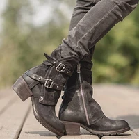 autumn women shoes motorcycle boots platform low square heel round toe ankle buckle handmade sewing punk cool ladies female 2021