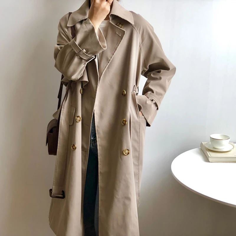 

7961 Spring And Autumn Women Long Windbreaker Korean Style Elegant Straight Lapel Trench Coats Office Lady Windproof Overcoats