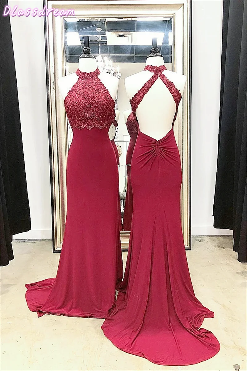 

Wine Red Mermaid Prom Dress Halter Appliques Beading Sleeveless Sweep Train Criss-Cross Special Accasion Evening Dress vestidos