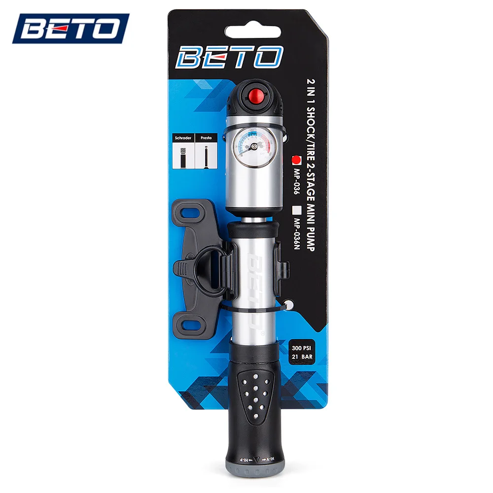 Beto MP-036 Hand Mini Tire Pump Fork Air Inflator With Pressure Gauge 300 PSI High Pressure/Valume Bicycle Pump
