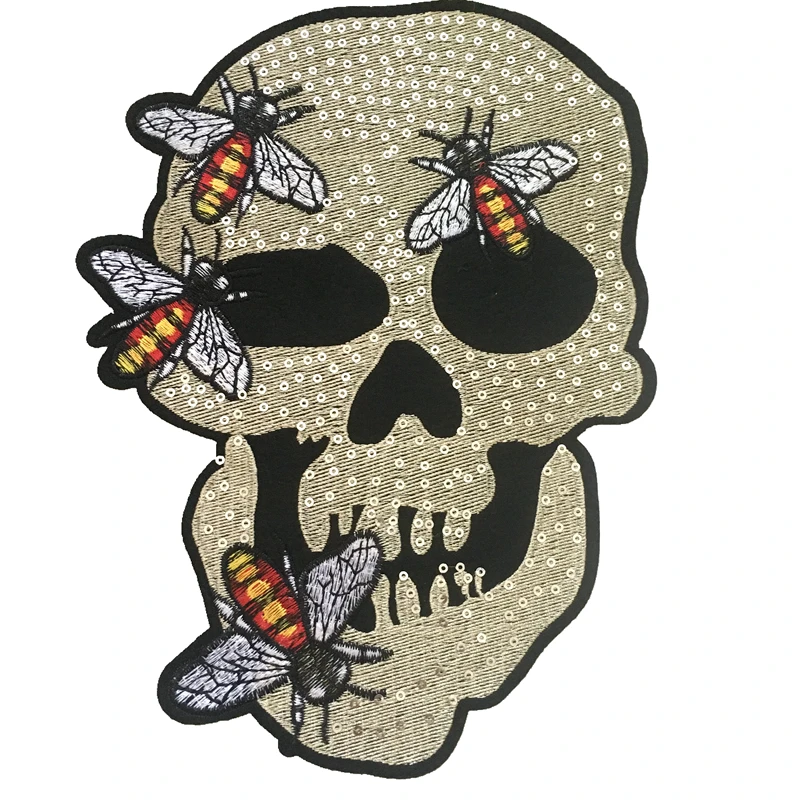 Вышитая Пчела Череп нашивки для куртки большой пчела Скелет голова блестящая
