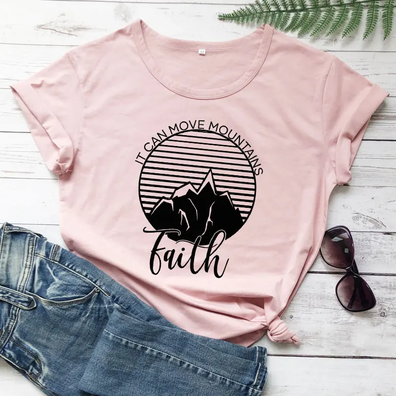 Женская футболка с надписью It Can Move Mountains Faith стильная повседневная рисунком в