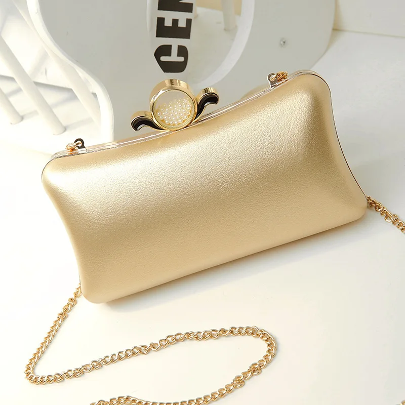 

PU Fashio Small Women Evening Bags Flower Pearl Day Clutch Golden Metal Shoulder Chain Purse Retro Leather Purse