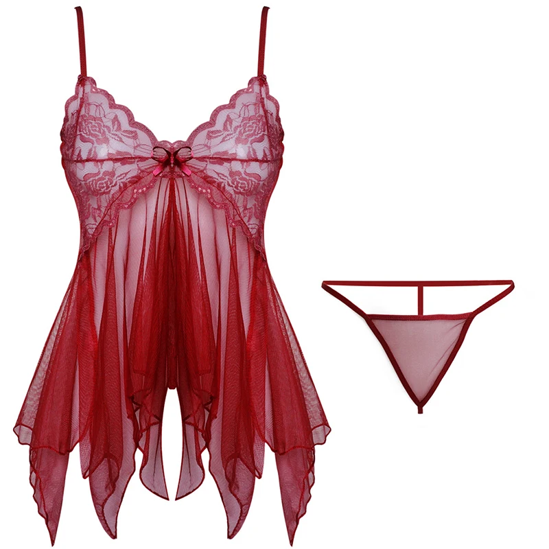 

Women Deep V Neck Lace Sling Nightdress See Through Temptation Sexy Lingerie For Summer Bow Stitching Soft Mesh Nightwear