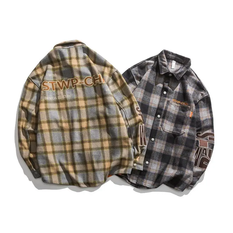 

Men's Streetwear Vintage Shirts Plaid Long Sleeve Shirts For Men Letter Embroidery Men Clothing Casual Harajuku Couple