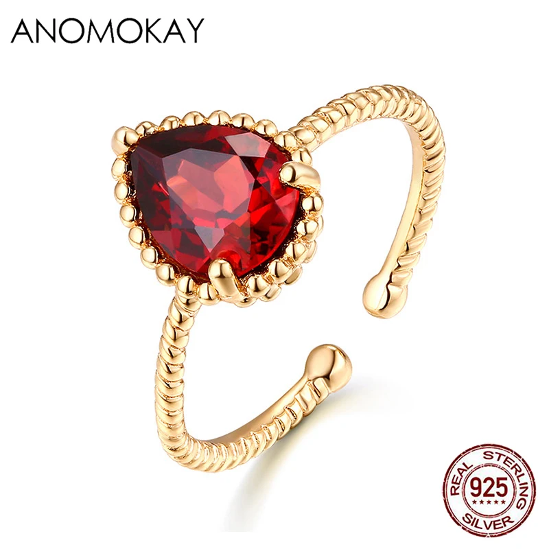 

Anomokay Luxury Red Oval Crystal Women Gold Color Rings 925 Sterling Silver Free Size Rings for Wedding Jewelry Gift