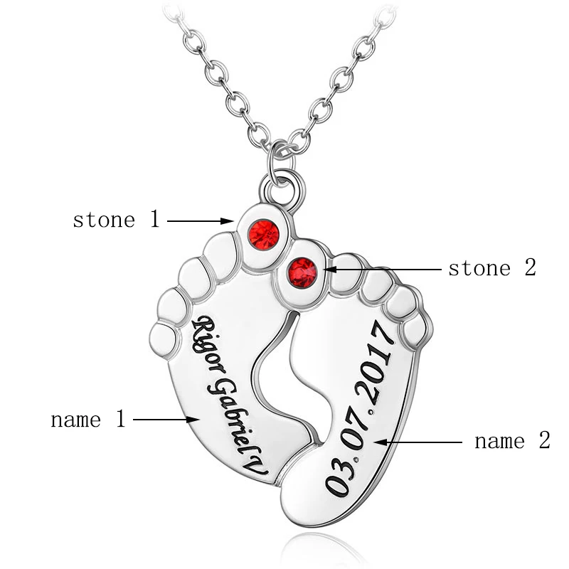 Personalized Love Couple Day Baby Feet Pendant Necklaces With Birthstones Silver Valentine’s Day Necklaces Custom Made Any Name