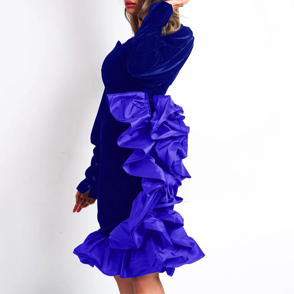 

Sexy Dress Party Night Club Vintage Velvet Irregular Falbala Women Winter Long Sleeve Vestidos Ladies Large Size Prom Dresses