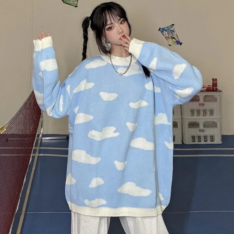 Autumn Winter Kawaii Sweater Fashion Korean Clouds Print Casual Women Loose Long Sleeve Pullover | Женская одежда