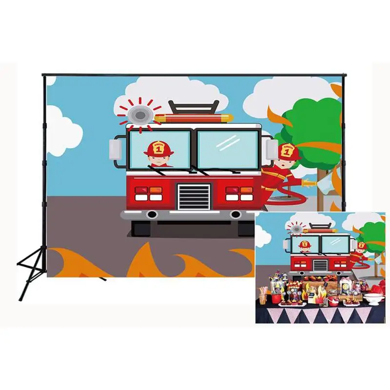 

Firetruck Theme Birthday Party Photo Backdrop Fireman Firefighter Background Baby Shower Prince Photo Banner For Studio Props