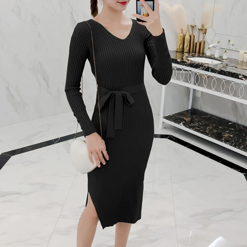 RealShe Осенний женский свитер 2019 круглый вырез длинный рукав пуговицы шнуровка