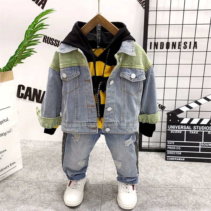 

Autumn Winter Hot Sale Baby Boys Outfit Boys Cowboy Coat, Hoodie and Jeans Outfits 3pcs Set Toddler Kids Boy Clothes Set