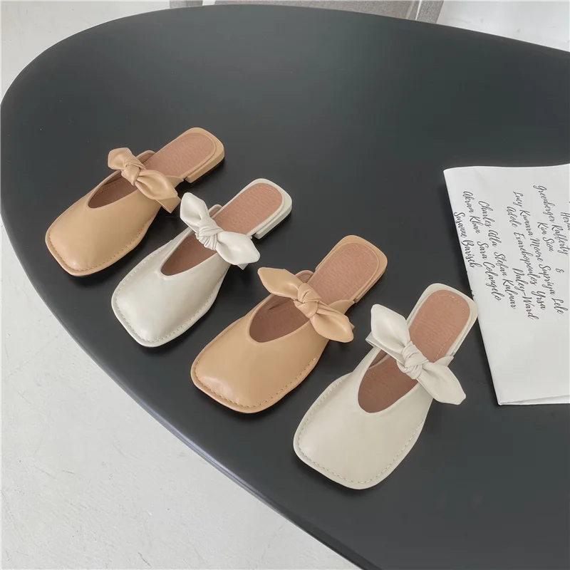 

Mango head half slippers women's outer wear 2021 spring and summer new gentle wind bow Baotou flat slippers