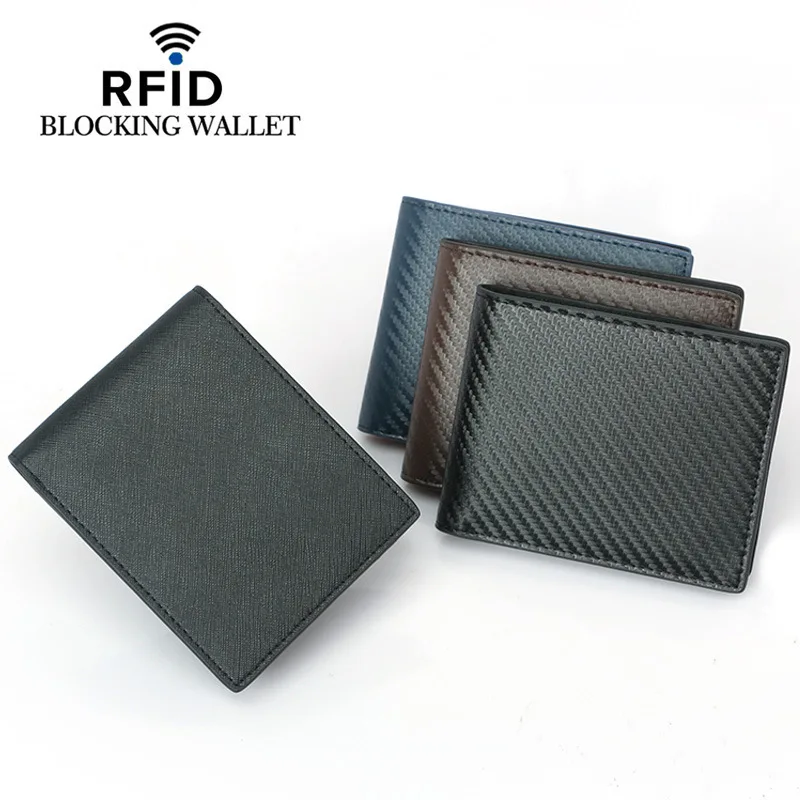 

2020 new leather men's wallet explosion carbon fiber pattern anti-theft brush wallet cowhide short RFID wallet