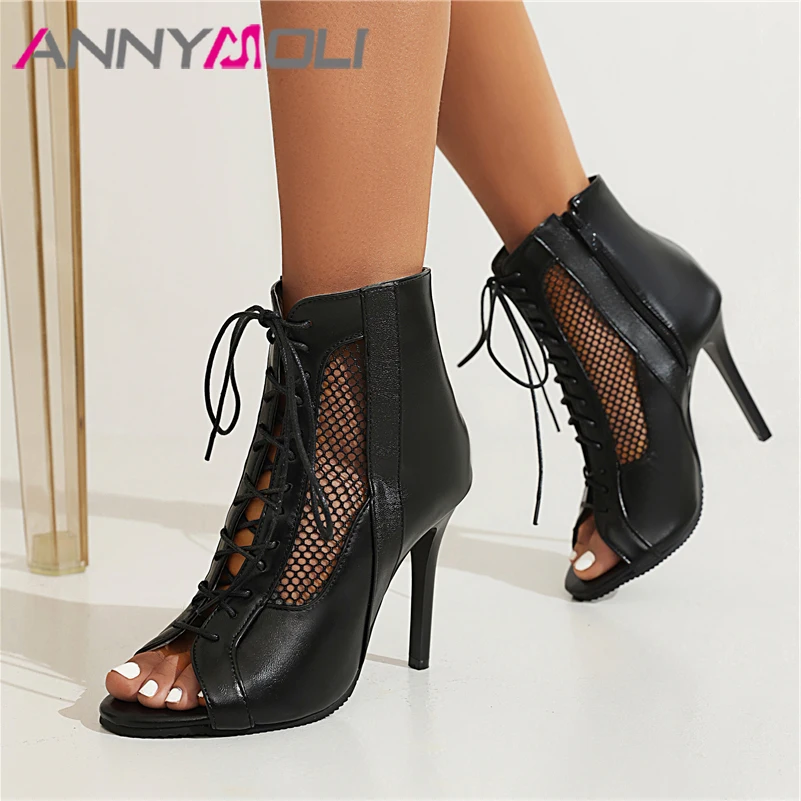 

ANNYMOLI Thin Heels Pumps Peep Toe Shoes Women Summer 2022 Lace Up Super High Heels Ladies Sexy Footwear Spring Black Brown 46