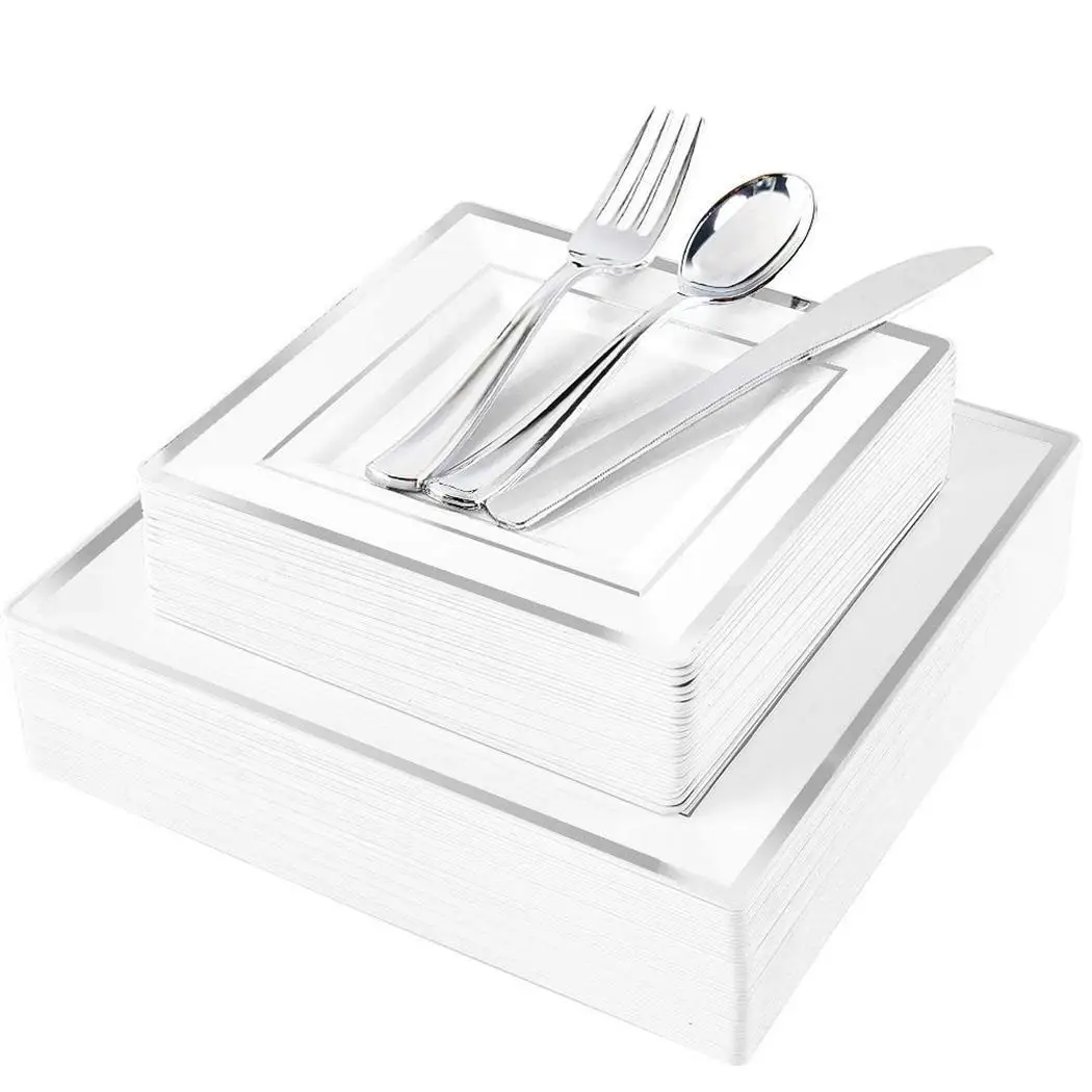 Durable Square Shape Plastic Disposable Plate Double Strip Print Party Tableware 3pcs x Home 6pcsx Xmas wedding Supplies | Дом и сад