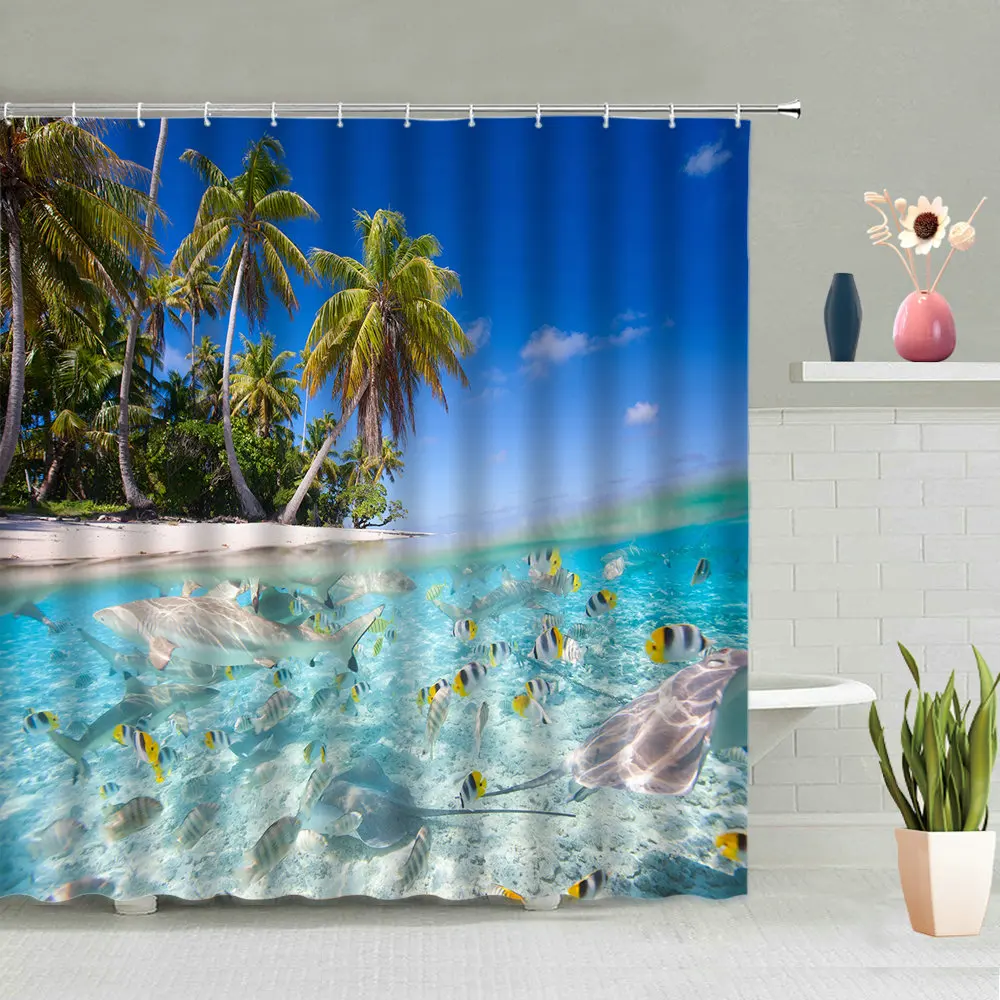 

3D Sky Ocean Sea Animal Dolphin Fish Shower Curtain Coconut Tree Bathroom Curtains Summer Sea Scenery Bath Screen Bathroom Decor