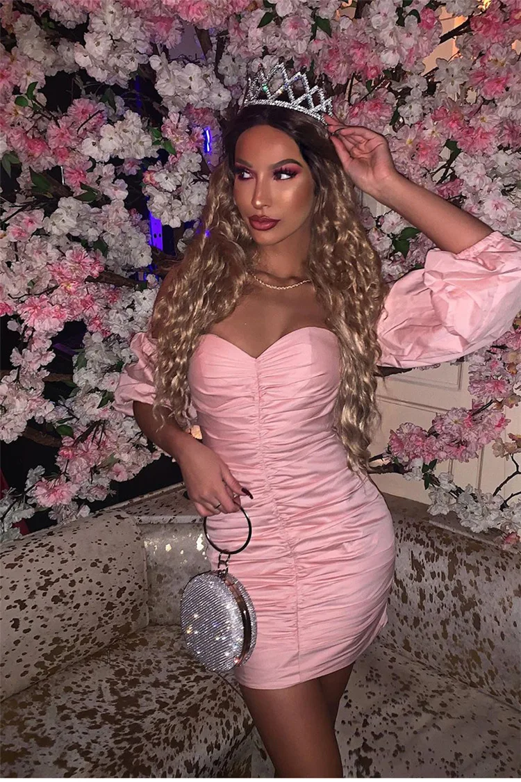 

Summer European And American Ins Women's One-way Neck Strapless Folds Sexy Lantern Sleeve Tube Top Dress 2021 Hot Style