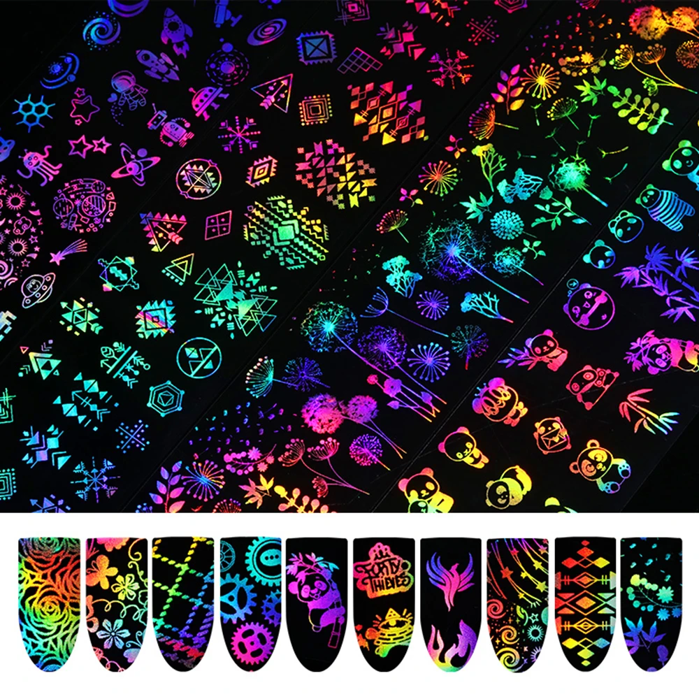 10 шт./лот Голографическая фольга для ногтей цветок панда бабочка Одуванчик Огонь