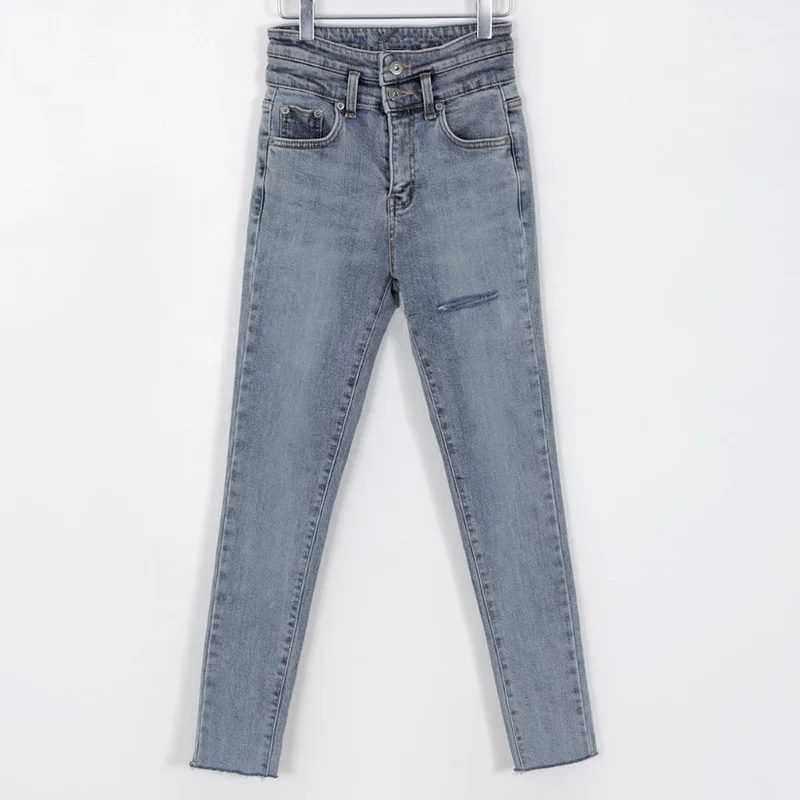 Обтягивающие джинсы с высокой талией Стрейчевые рваные женские эластичные