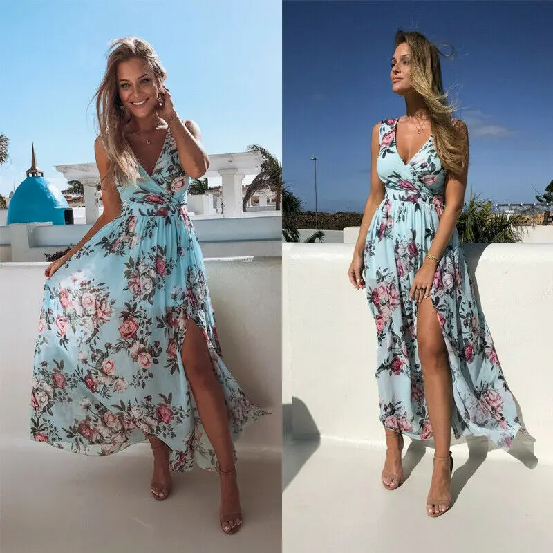 

Women V-neck Floral Printed Dress Female Sexy Boho Holiday Vintage Long Maxi Dress Stylish Evening Party Split Dresses Vestidos