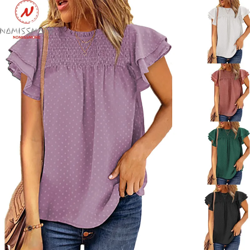 

Fashion Women Solid Color Chiffon T-Shirts Hollow Out Design Bandage Decor O-Neck Flying Short Sleeve Casual Loose Pullovers Top