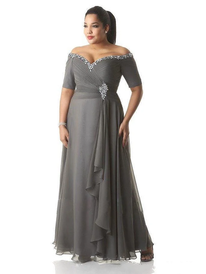 

Grey Mother of the Bride Groom Dress Plus Size 2021 Bead Crystal Pleat Off Shoulder A-Line Long Wedding Evening Prom Party Gowns