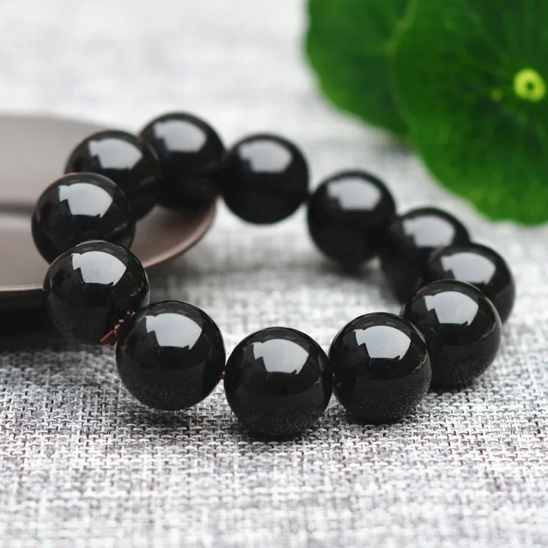 

Natural Men Agate Bracelets Black Chalcedony 18mm Round Rosary Beads Bracelet Bangles Gift for Men Fine Jade Stone Jewerly