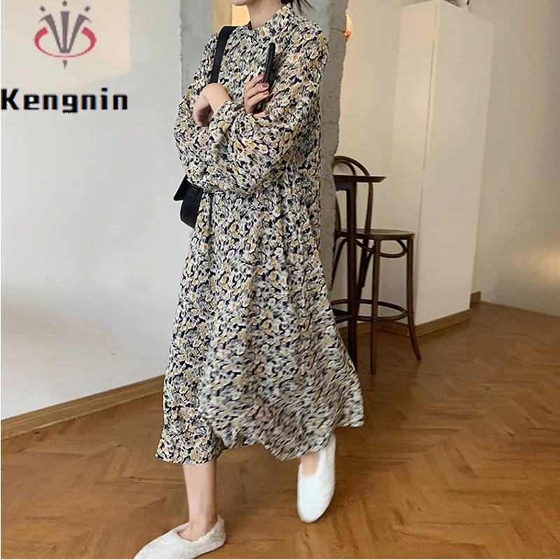 

Женское платье с цветочным принтом, осенне-зимнее платье с длинным рукавом, свободного покроя, большого размера, 4XL, для офиса и работы, KE1936