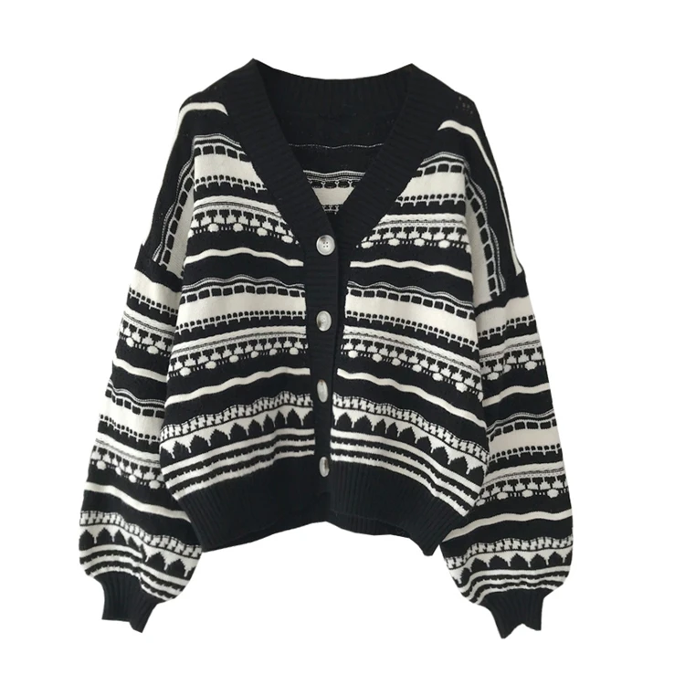 

Autumn New Knit Female Cardigan Vintage Single-Breasted Sweater Coat Casual V-Neck Knitted Cardigans Loose Striped Outwear Tops