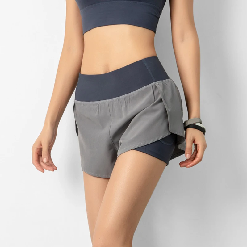 

Women Sport Running Shorts Quick Dry High Elasticity Double Layer Yoga Shorts with Phone Pocket for Fitness Training SWD