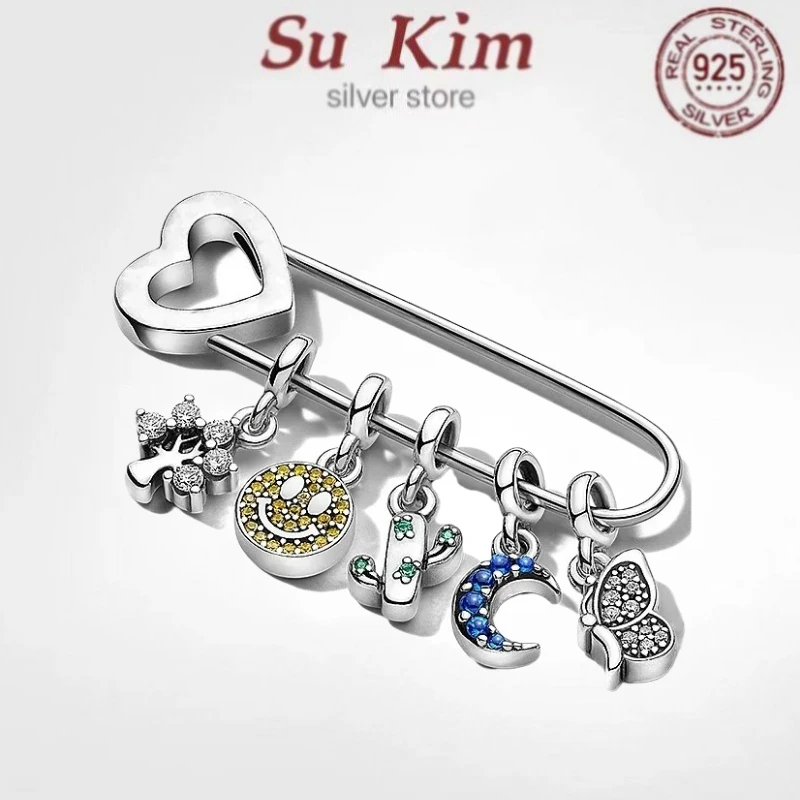 

hot sale Luxury Original 100% 925 Sterling Silver pan brooch for Women love heart fashion Authentic DIY Jewelry Christmas gift