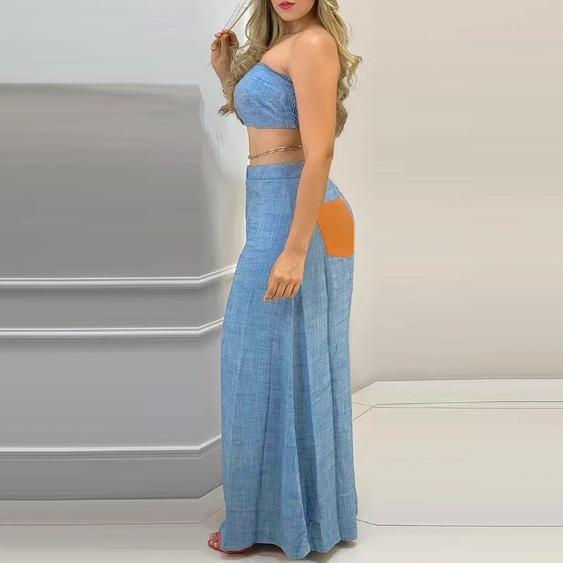 

Fashion Women Two-Piece Set Casual Wear Suits Set Female Poker Solid Crop Top & Wide-leg Pants Set