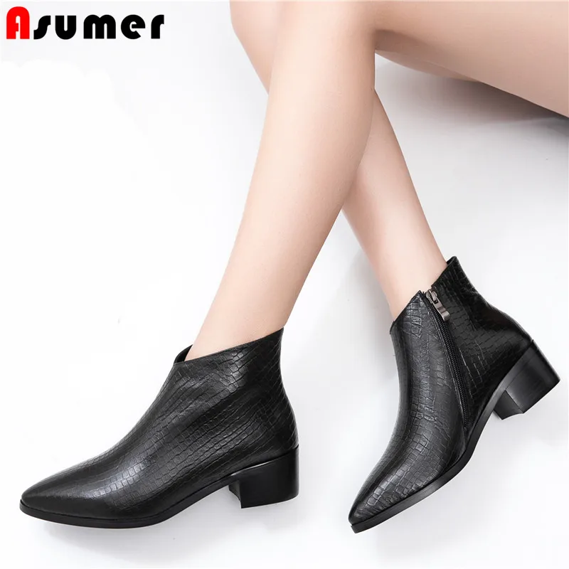 Женские ботинки из натуральной кожи ASUMER с острым носком на квадратном каблуке