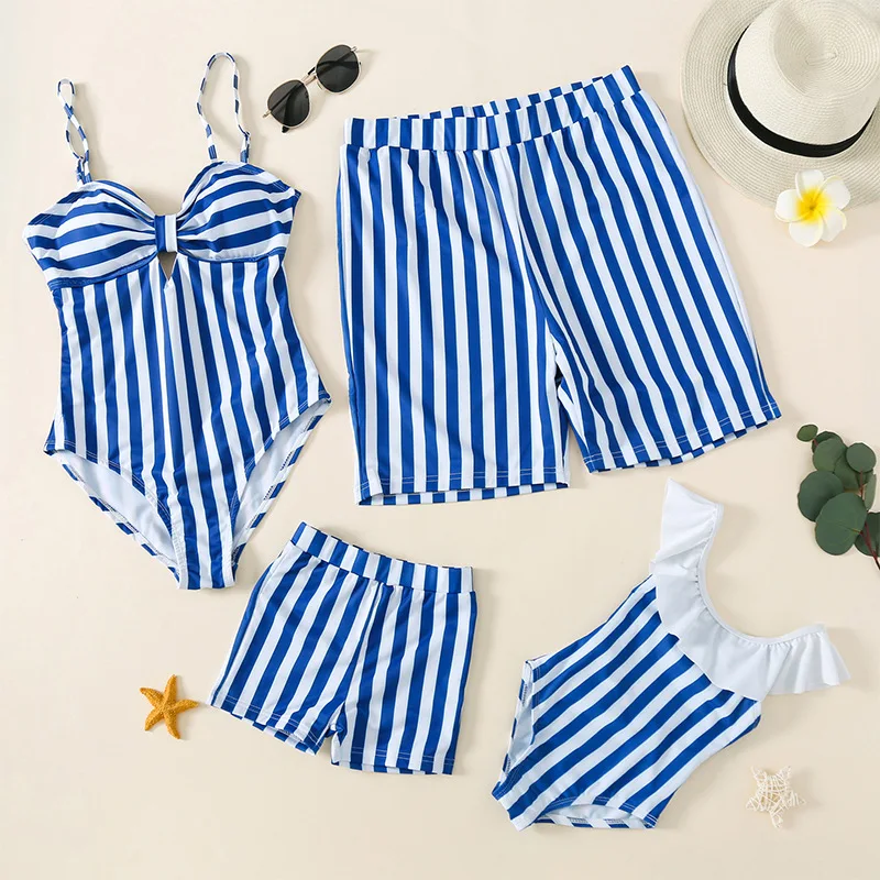 

2021 New Summer Swimwear Family Matching Outfits Mother Kids Striped Sling Ruffled One-piece Beach Pants Parent-child Swimsuit