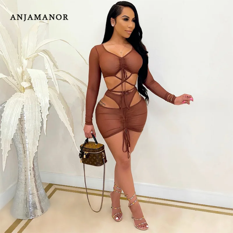ANJAMANOR пикантные прозрачные сетчатые Бандажное платье комплекты клуба Верхняя