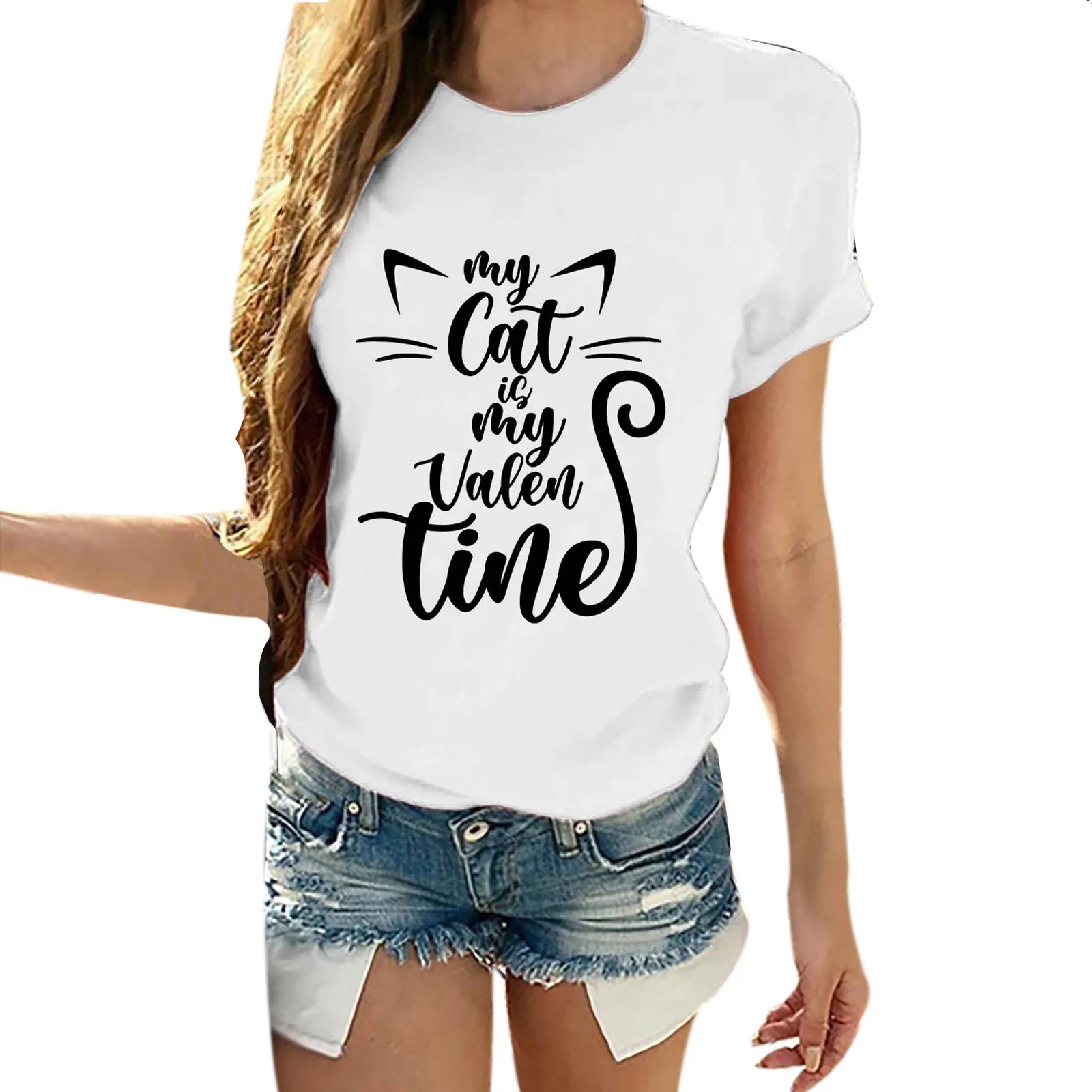 

Женская одежда, белая короткая футболка с принтом кота и букв, женская футболка с круглым вырезом и коротким рукавом, Топ s, женская летняя Ми...