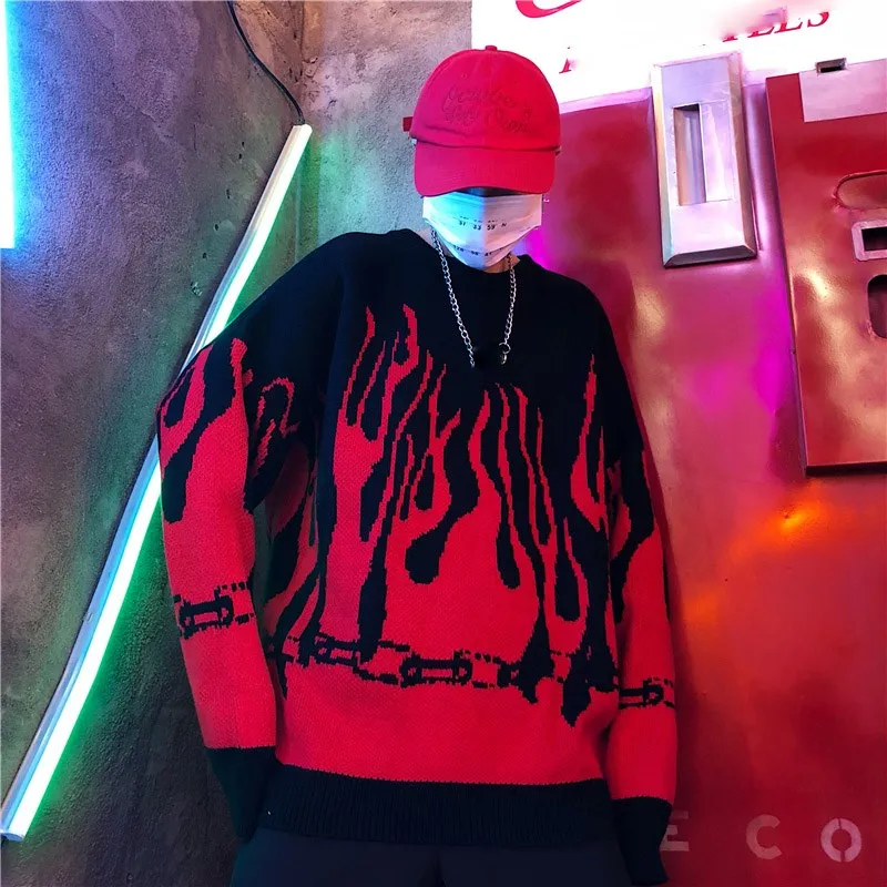 

Harajuku Knitted Sweater Oversized Red Flame Sweaters Men Streetwear Hip Hop Sweter Jumpers Loose Y2k Vintage Pull Pullovers