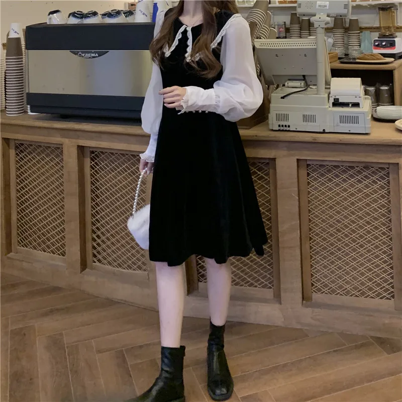 

Autumn Korean Sexy Temperament Party Dress Patchwork A Line Vestido Puff Long Sleeve Velet Black Ropa
