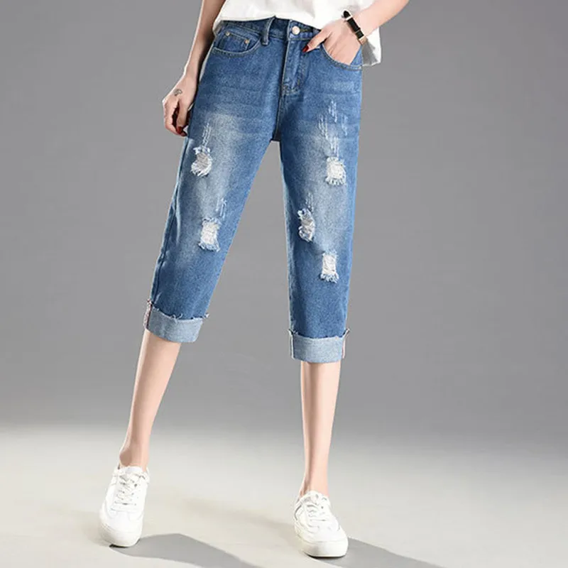 Большой размер https://www.alie женские летние джинсовые укороченные рваные брюки стиля