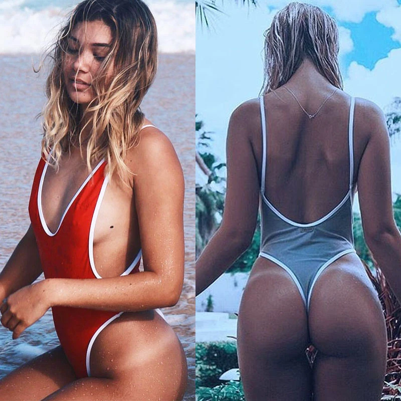 

2021 Summer Red White patchwork One Piece Swimsuit Sexy Thong Swimwear Women Bikinis Deep V Neck Bodysuit Monokini for women